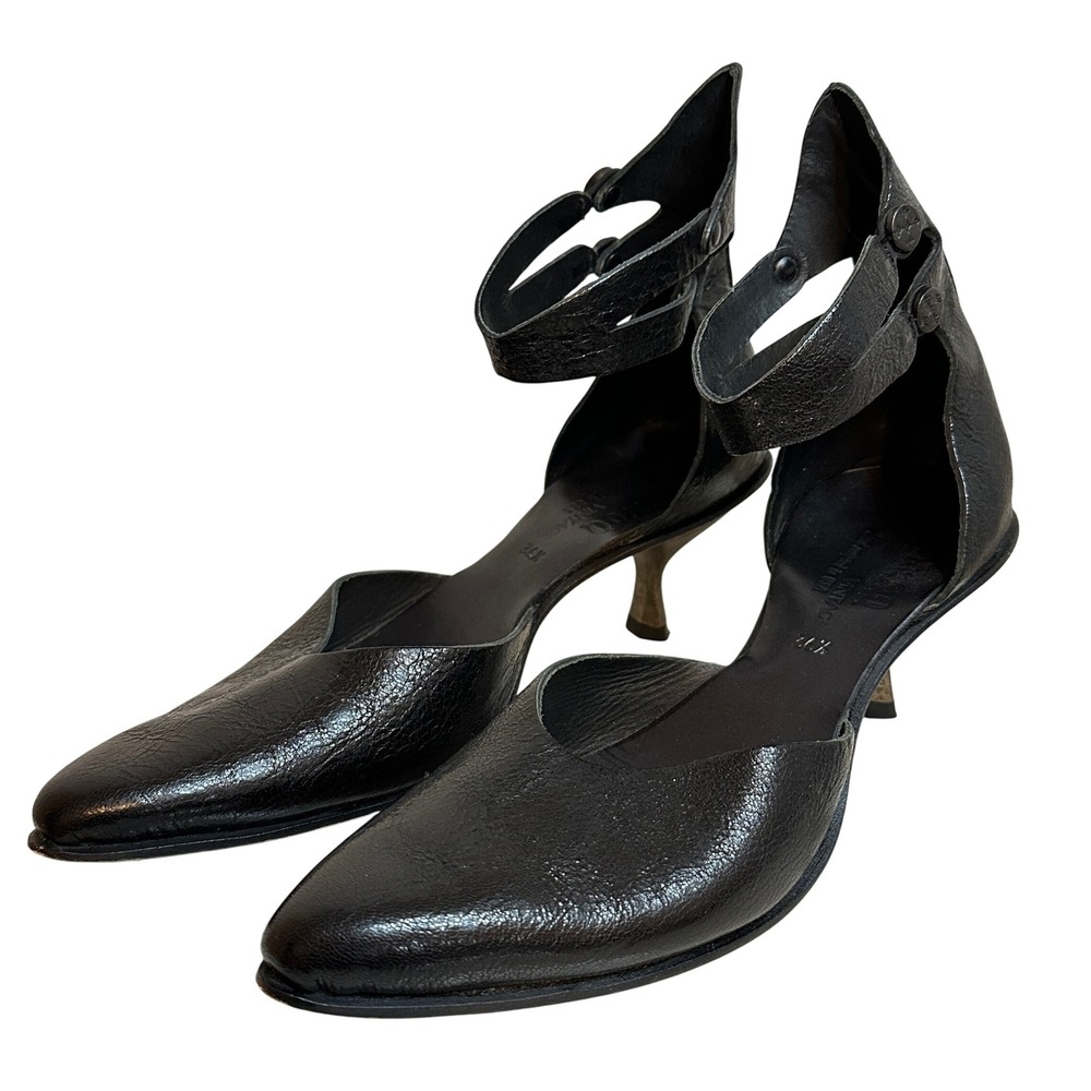 CYDWOQ Vintage Black Leather Pointed Toe Ankle Strap Heels Size 36.5 /‎ US 6.5